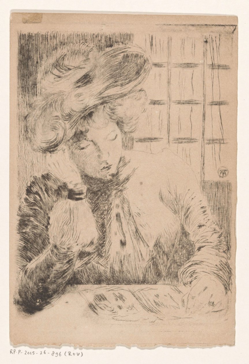 Lesende Frau hinter einem Tisch von Unknown