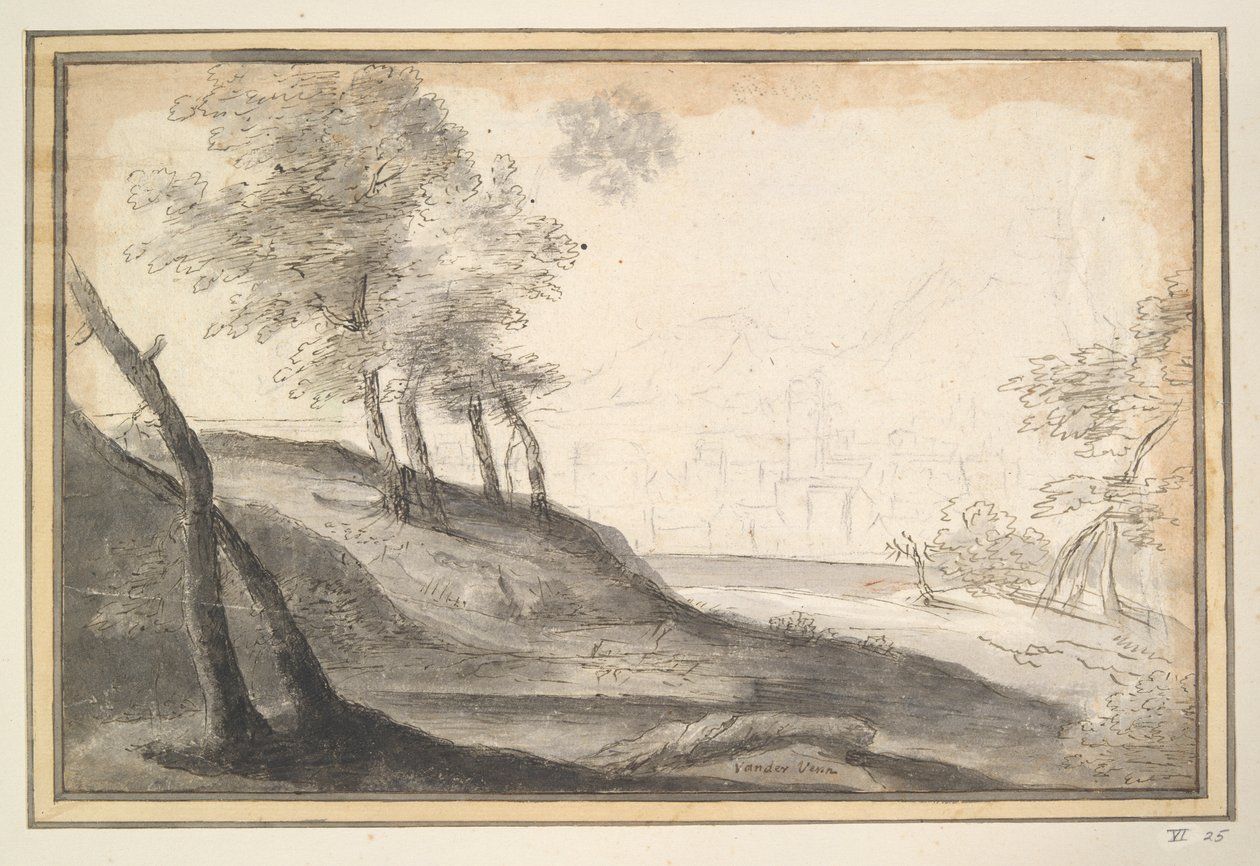 Gebirgige Landschaft mit Bäumen und Stadt in der Ferne von Unknown