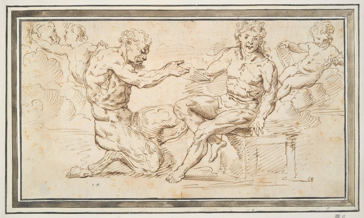 Satyr und junger Mann, sitzend mit Putti von Unknown