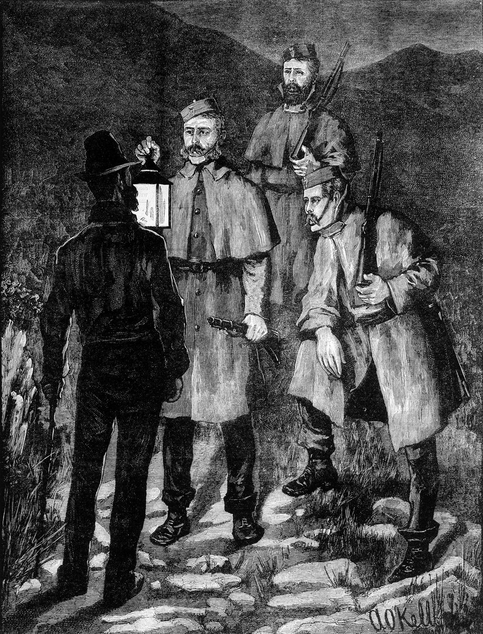 Irische Polizeistreife kontrolliert einen Verdächtigen (1881). von Unknown artist