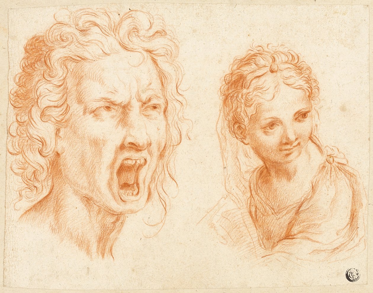 Grimassierender Männerkopf, Büste eines Mädchens von Unknown Italian