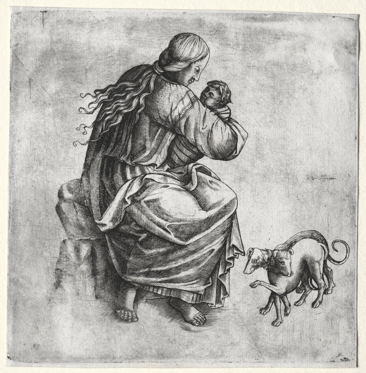 Mutter und Kind mit zwei Hunden von Unknown artist