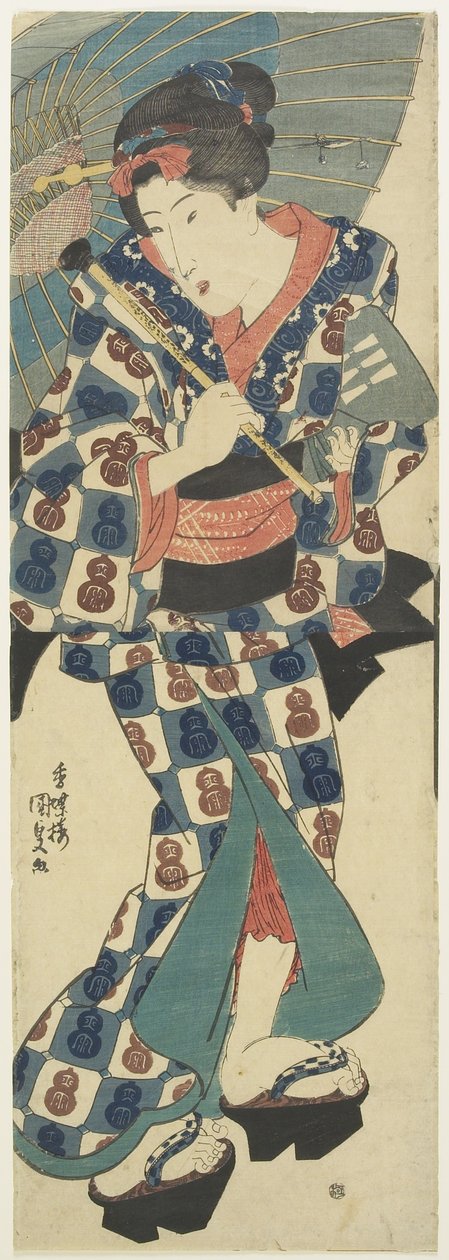 Junges Mädchen mit Regenschirm, ca. 1830-1844 von Utagawa Kunisada