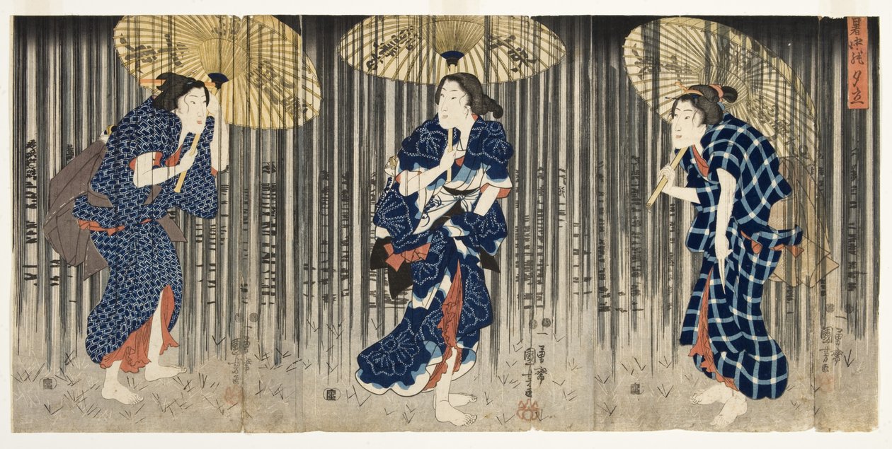 Plötzlicher Regenschauer im Sommer, ca. 1849-51 (Holzschnitt) von Utagawa Kuniyoshi