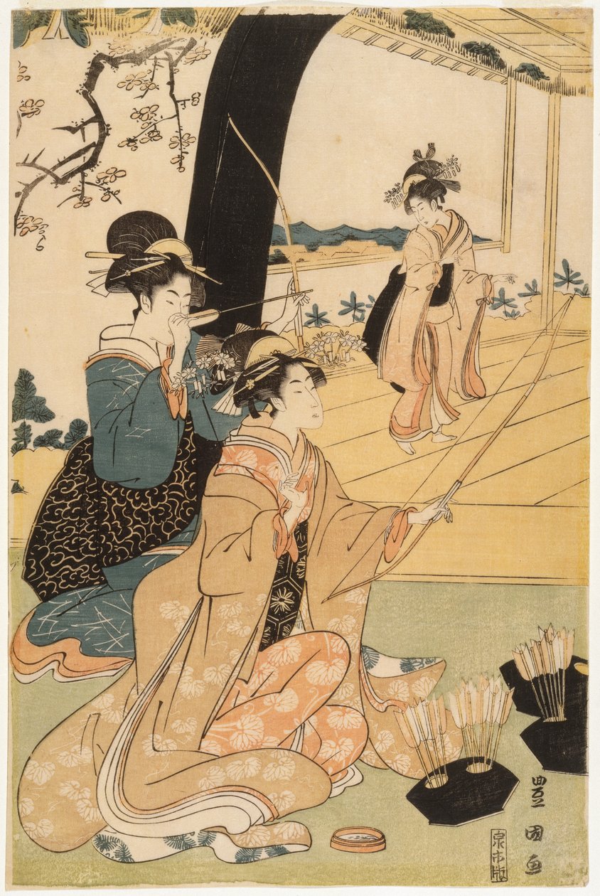 Junger Samurai und weibliche Begleiterinnen beim Bogenschießen, Hälfte eines Diptychons, ca. 1800 von Utagawa Toyokuni
