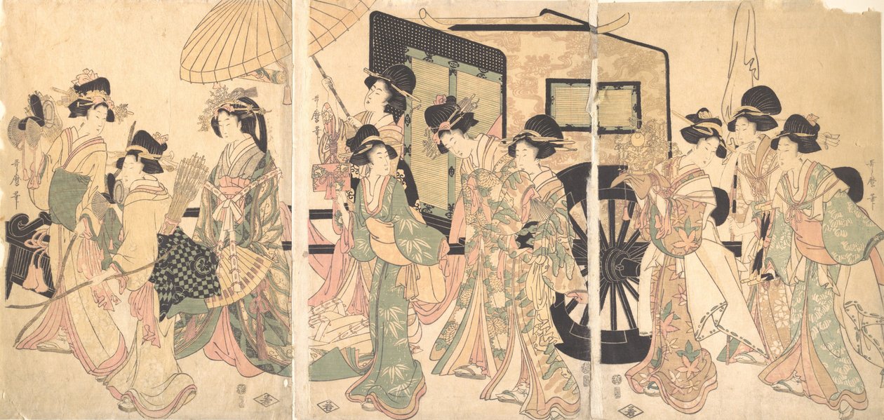 Damen umgeben einen Wagen von Utamaro II