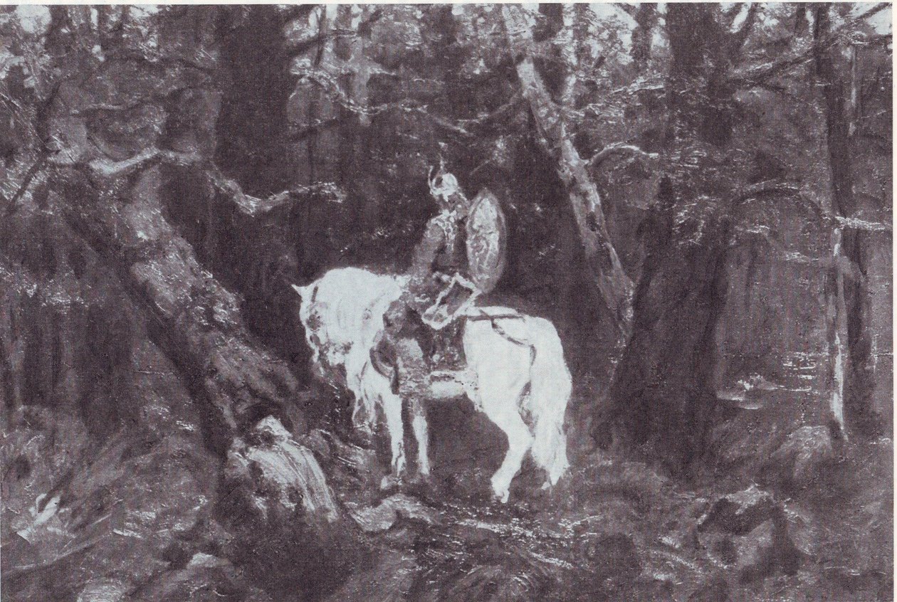 Im Nachdenken (Ritter auf einem Pferd reitet in einen dichten Wald) von V.Vasnetsov