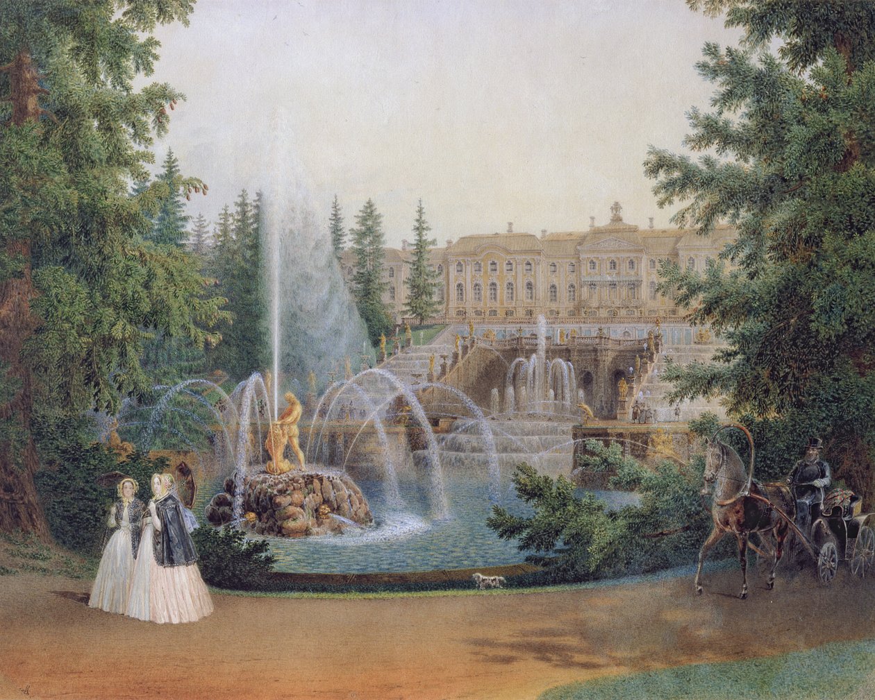 Blick auf die Marly-Kaskade vom Unteren Garten des Peterhof-Palastes, ca. 1830-60 von Vasili Semenovich Sadovnikov