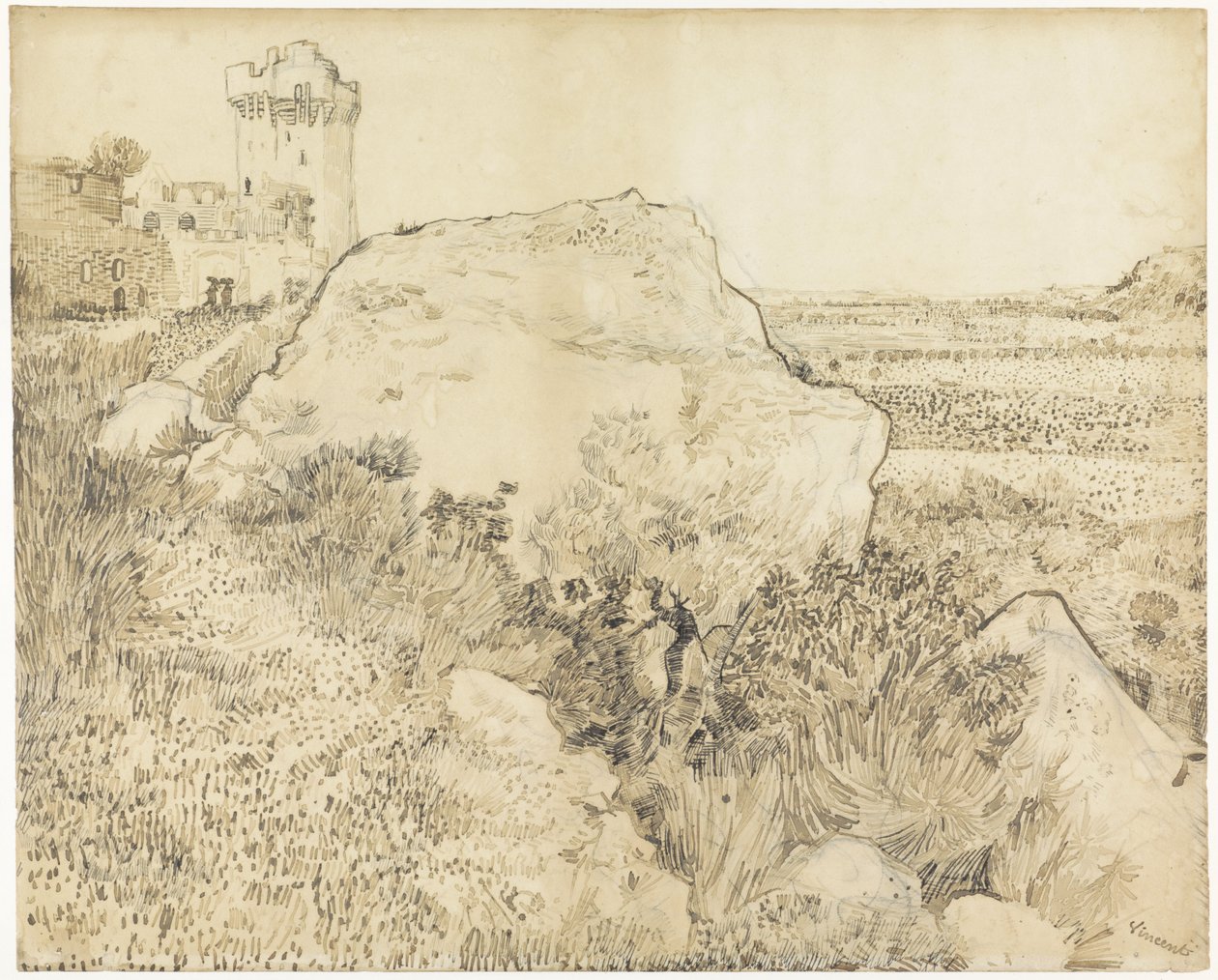 Landschaft bei der Abtei Montmajour in Arles, 1888 (Feder auf Papier) von Vincent van Gogh