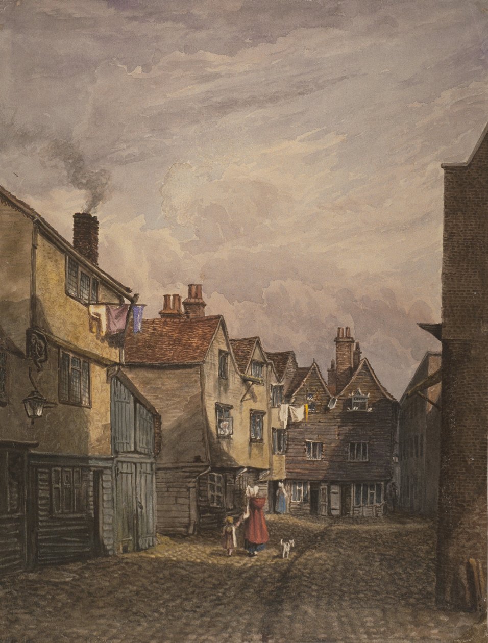 Ansicht einer Frau und eines Kindes, die die Crown Court, Bermondsey, hinuntergehen, ca. 1825 von W. Barker
