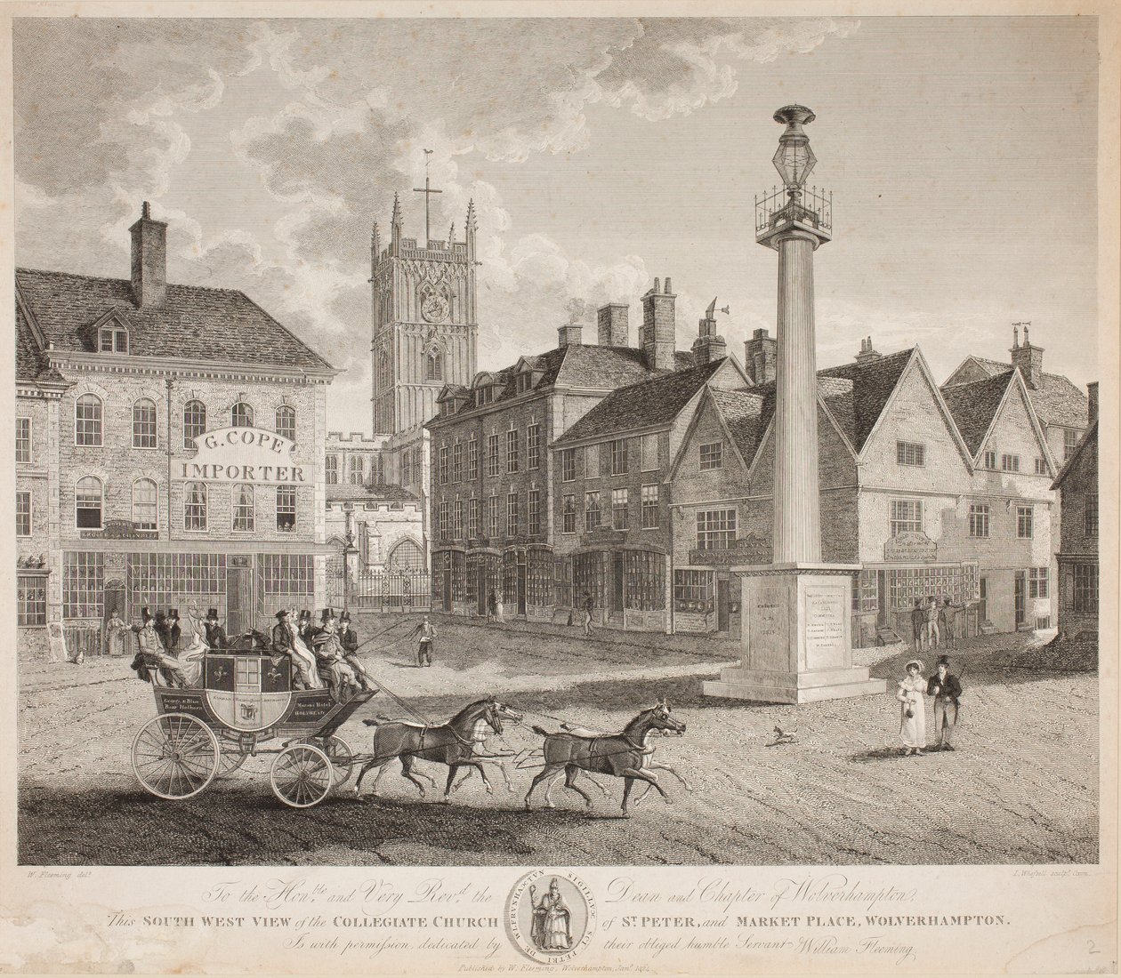 Die Südwestansicht der Kollegiatkirche St. Peter und Marktplatz, Wolverhampton von W. Fleeming