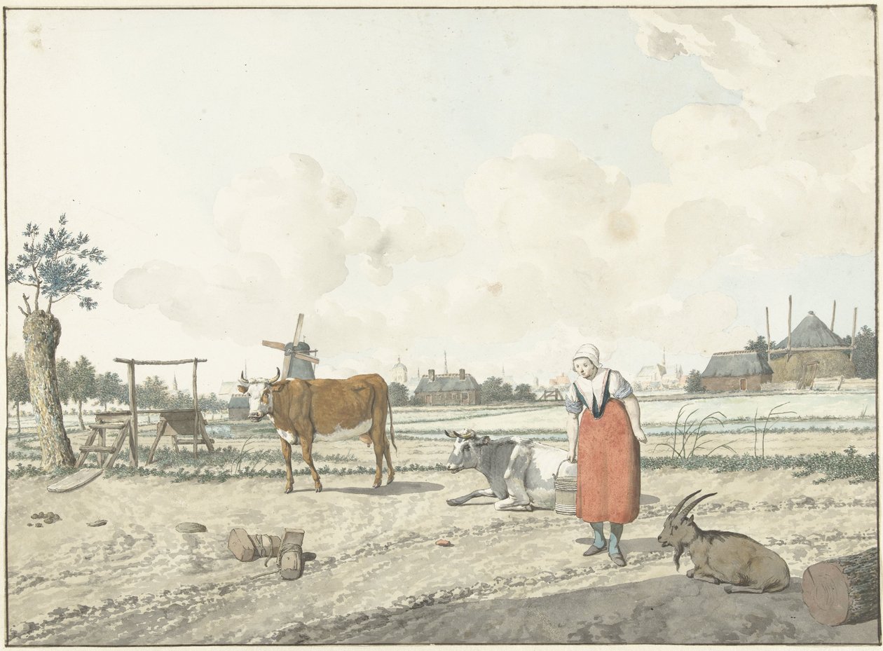 Landschaft mit Bäuerin und Vieh von W. Barthautz