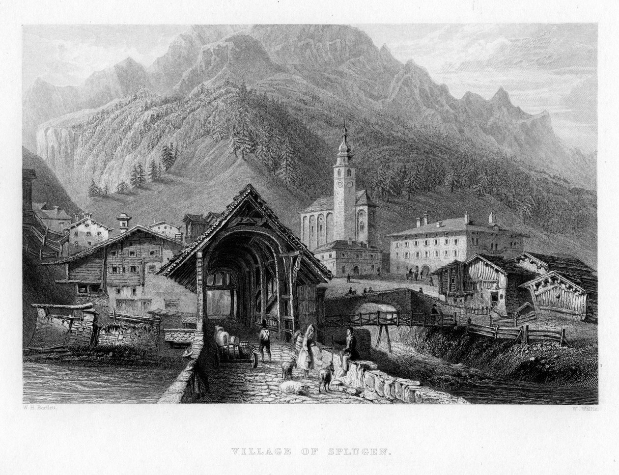 Dorf Splügen, Schweiz, 1834 von W. Wallis