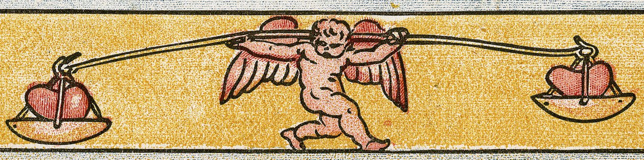 Eros balanciert zwei Herzen, 1884 von Walter Crane