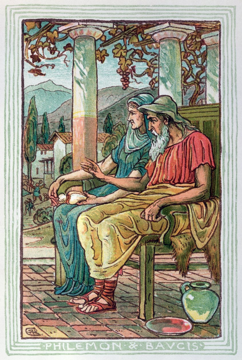 Philemon und Baucis, aus einem Buch über griechische Legenden und Mythologie, veröffentlicht in London 1910 von Walter Crane