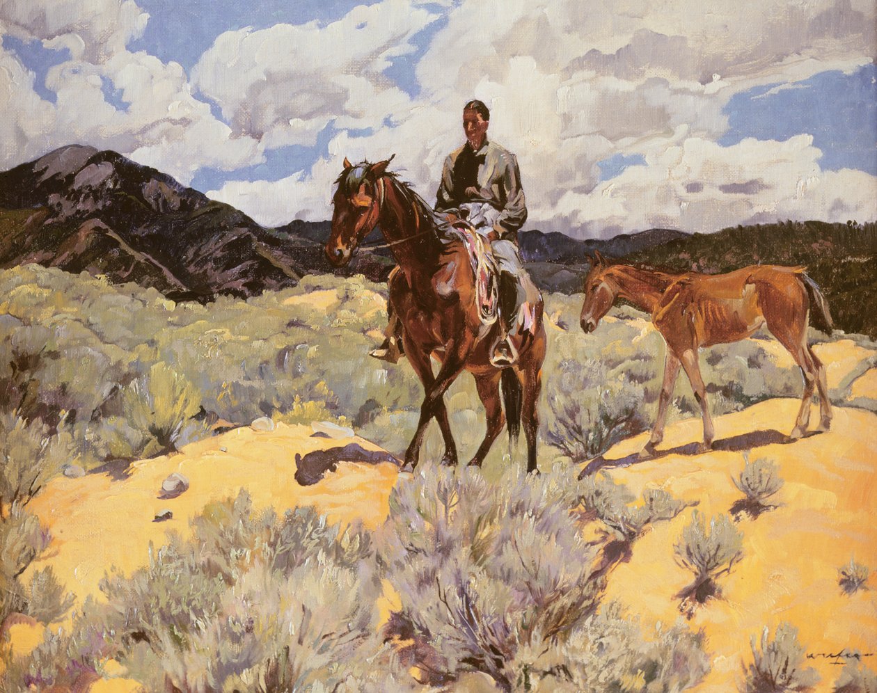 Indianer zu Pferd mit Fohlen, um 1930 von Walter Ufer