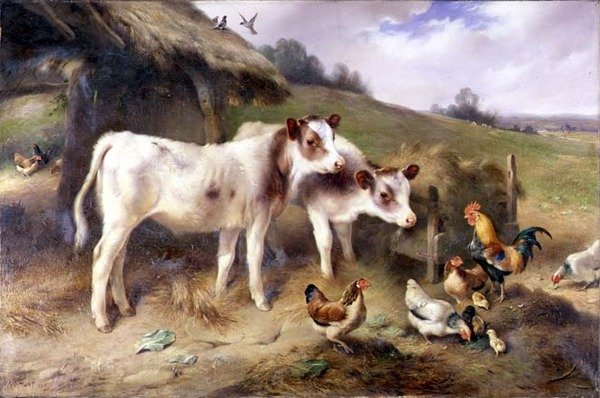 Kälber und Geflügel vor einer Scheune von Walter Hunt