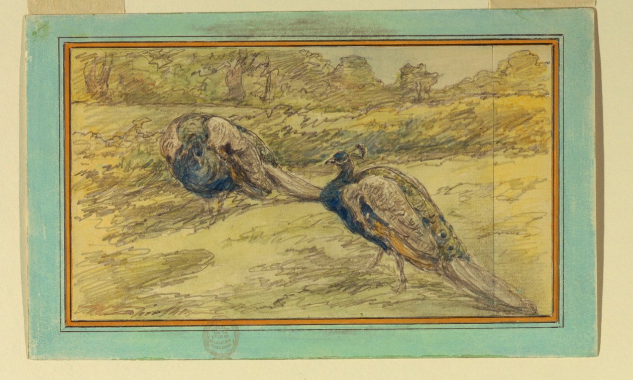 Zwei Pfauen in einer Landschaft von Walter Shirlaw