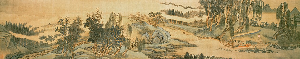 Handrolle mit Landschaft und Kolophon-Gedicht, Angeln im Weidenbach, Chinesisch, 1706 von Wang Hui