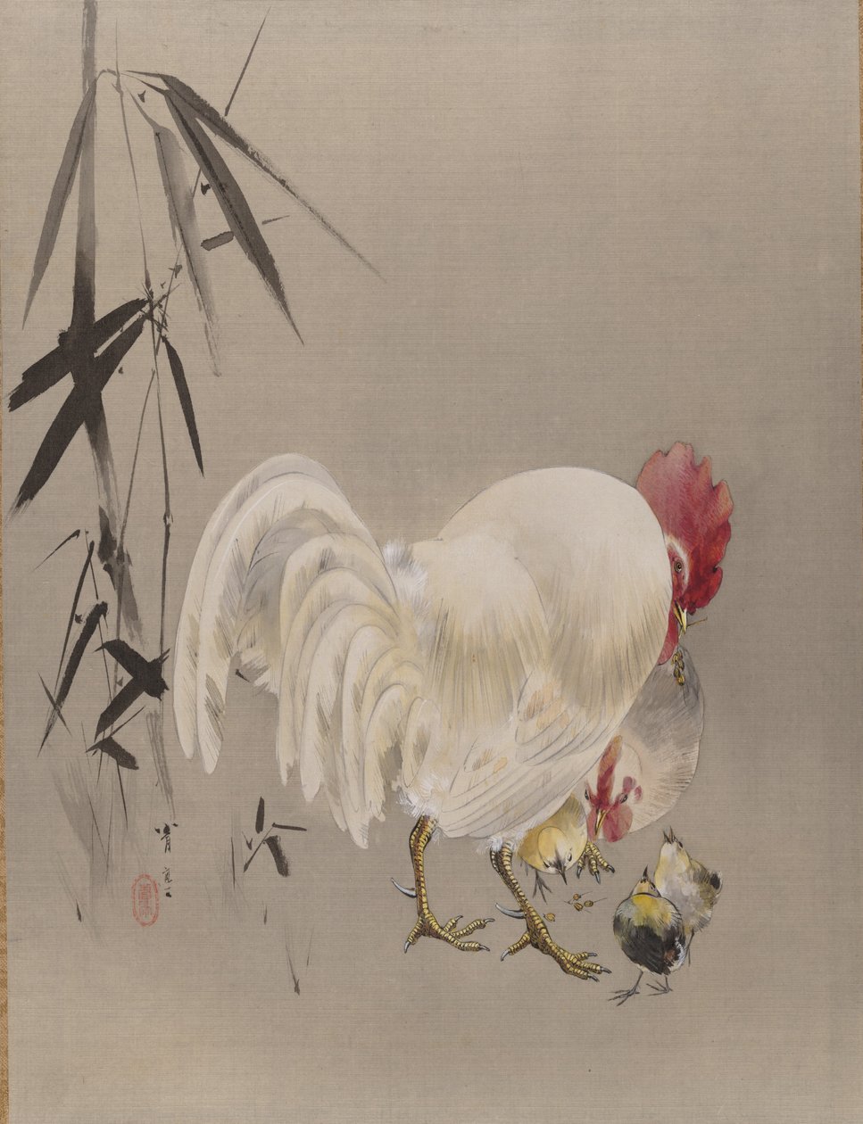 Hahn und Henne mit Küken, ca. 1887 von Watanabe Seitei