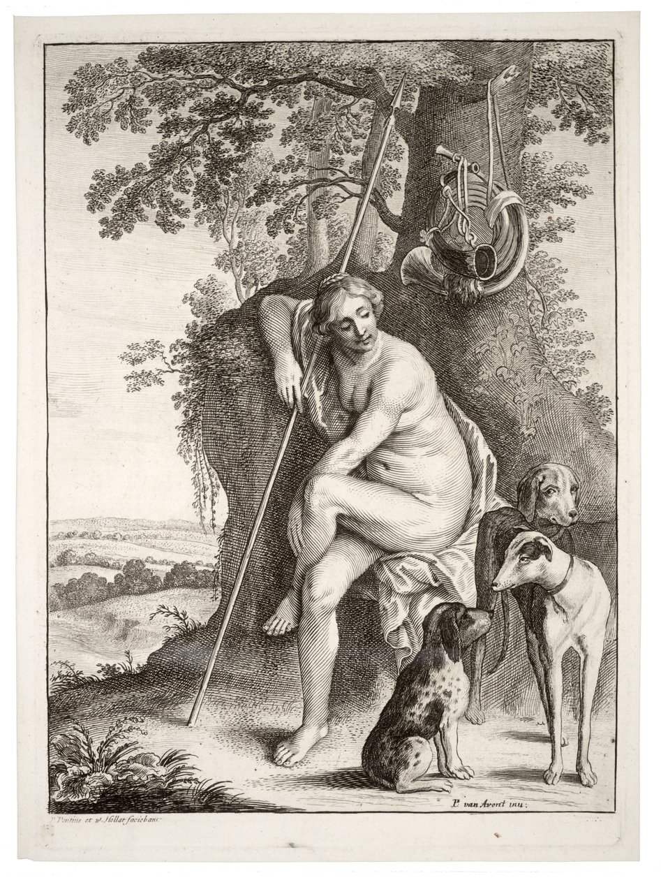 Sitzende Jägerin, nach Avont (Zustand 3) von Wenceslaus Hollar