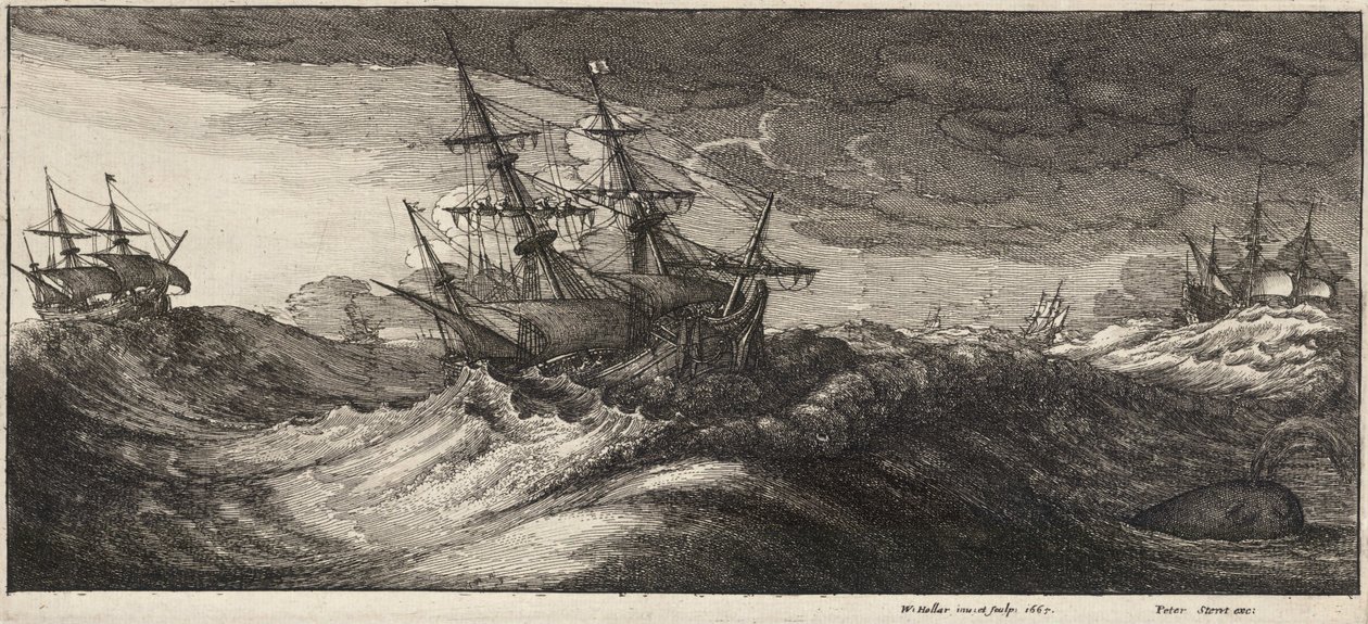 Kriegsschiffe und ein spritzender Wal. Zustand 2 von Wenceslaus Hollar