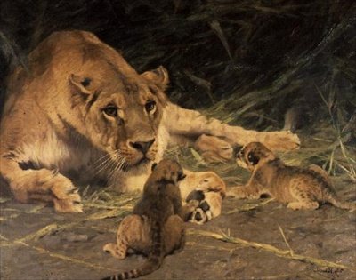 Eine Löwin und ihre Jungen von Wilhelm Kuhnert