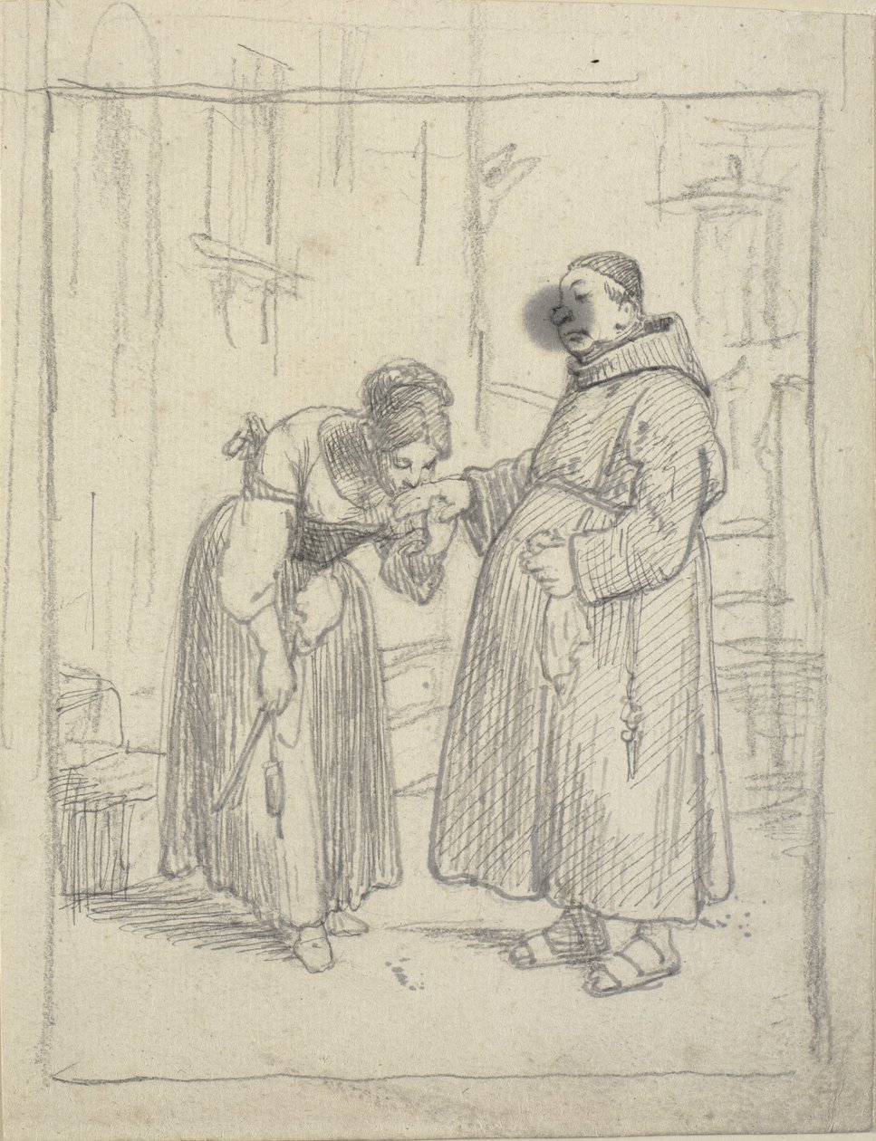 Mädchen küsst die Hand eines Mönchs von Wilhelm Marstrand