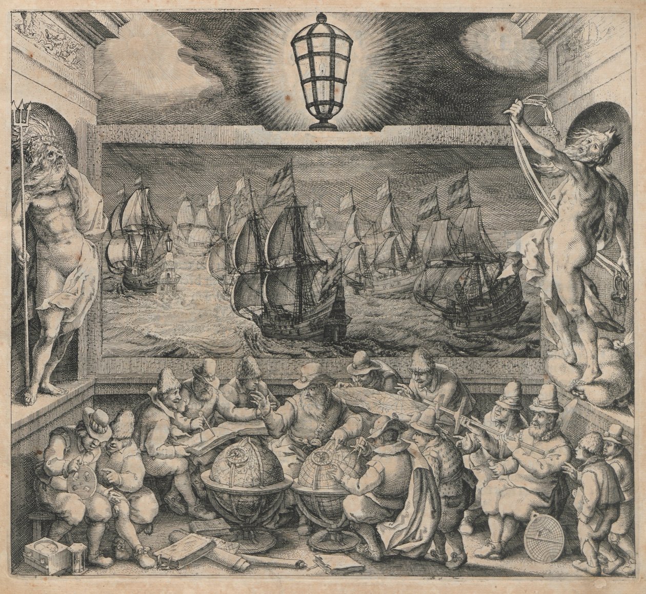 Frontispiz aus dem Segelhandbuch „Licht der Zeevaert“ von Willem Janszoon Blaeu