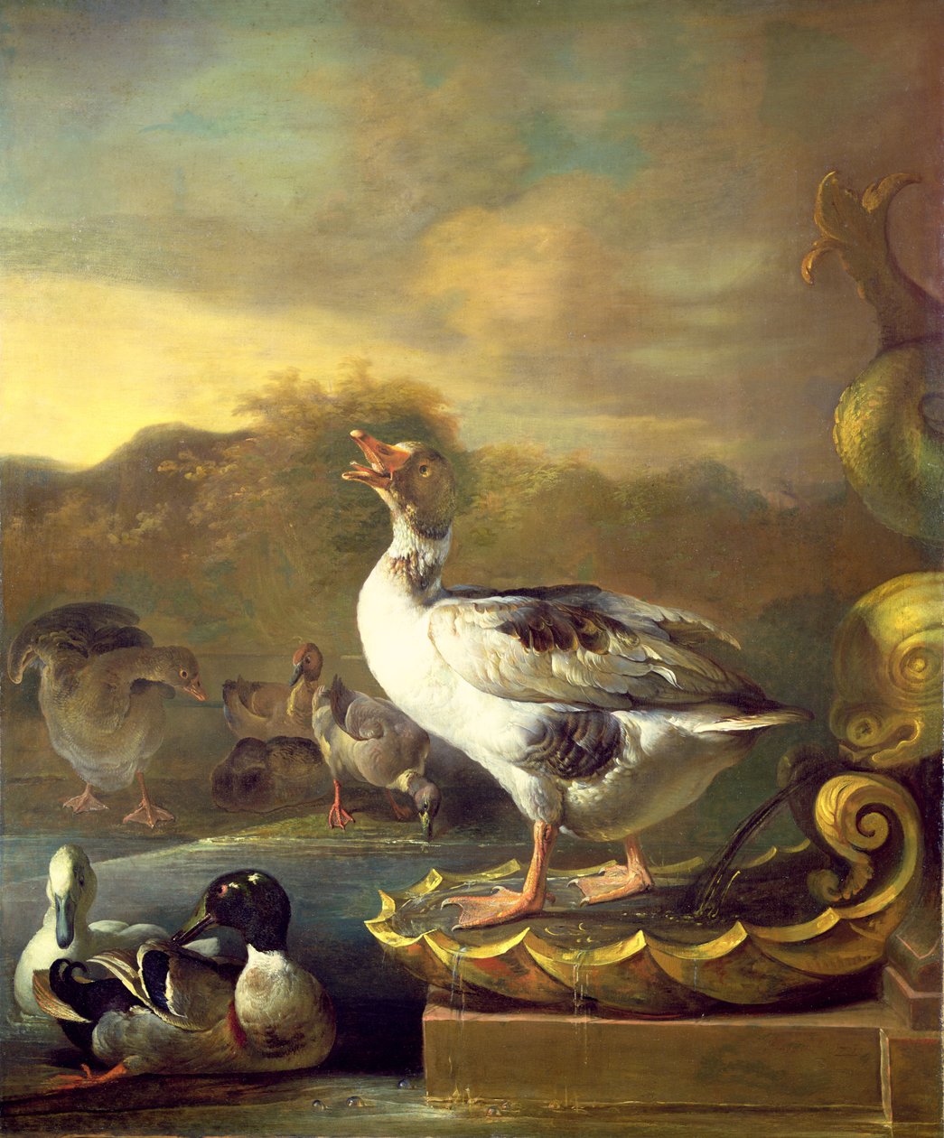 Eine Gans und andere Wildvögel an einem Brunnen von Willem Frederik van Royen