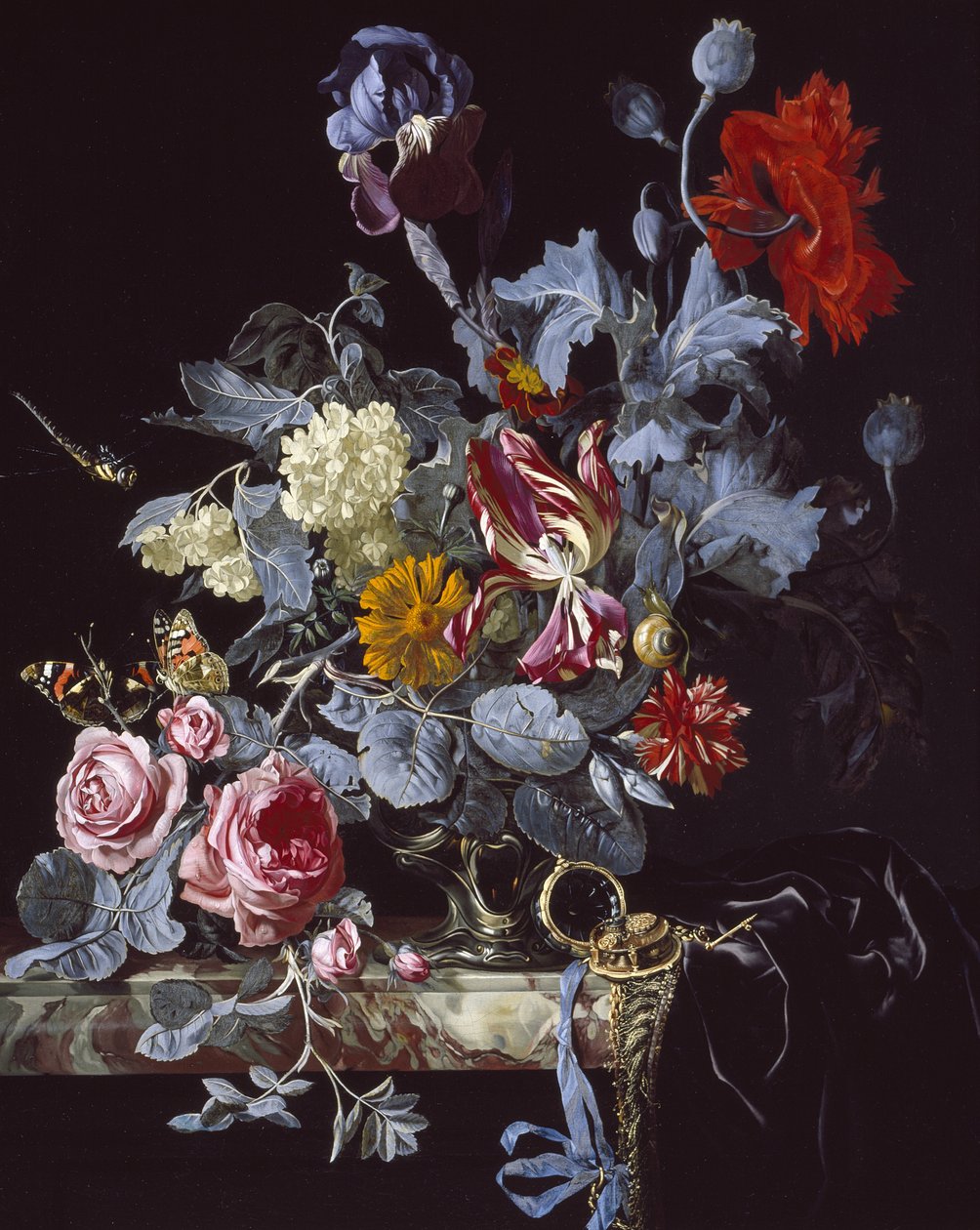 Eine Vase mit Blumen und einer Uhr von Willem van Aelst