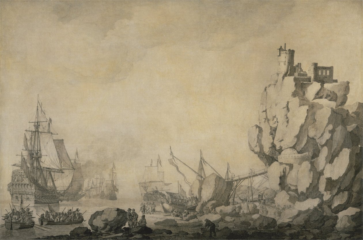 Schiffe und Miliz an einer felsigen Küste von Willem van de Velde the Elder