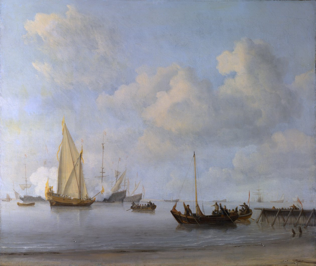Boote ziehen zu einer Yacht in ruhigem Wasser von Willem van de Velde the Younger