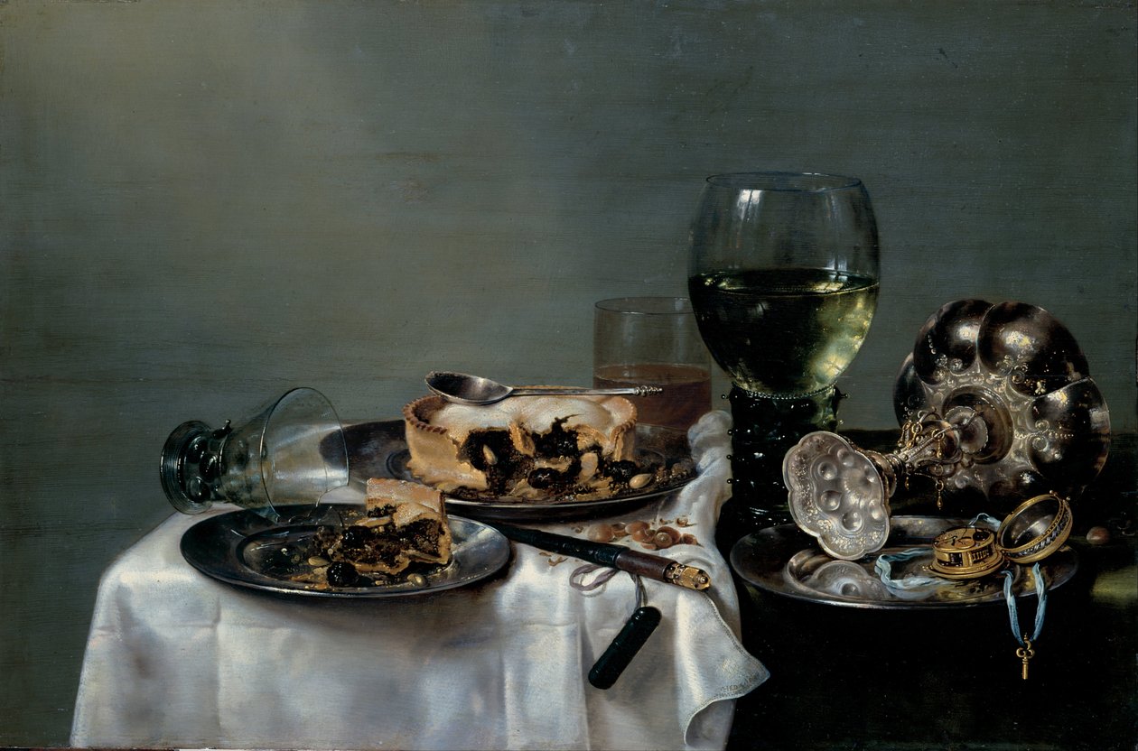 Frühstückstisch mit Brombeerkuchen, 1631 von Willem Claesz. Heda