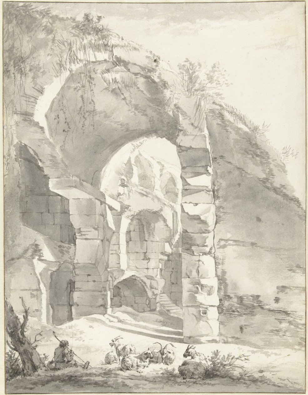 Ruine mit einem Hirten und Schafen links von Willem Romeyn
