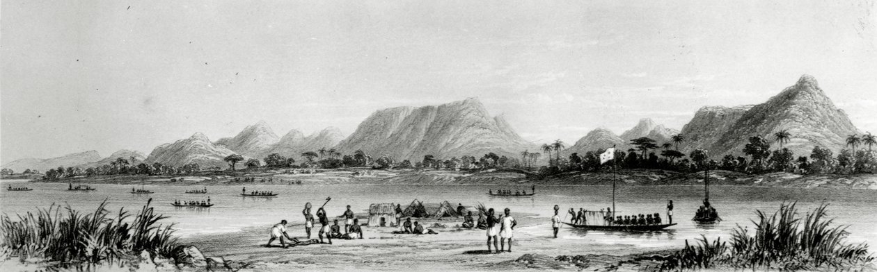 Berge und Marktkähne in der Nähe von Bokwen, aus 