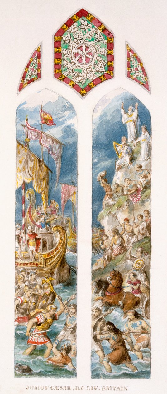 Julius Caesar landet an den Küsten Britanniens, 54 v. Chr., in Trimaranen, wird von Briten angegriffen, die in Waid bemalt sind, ca. 1880 von William Bell and Boyd, Alice Scott