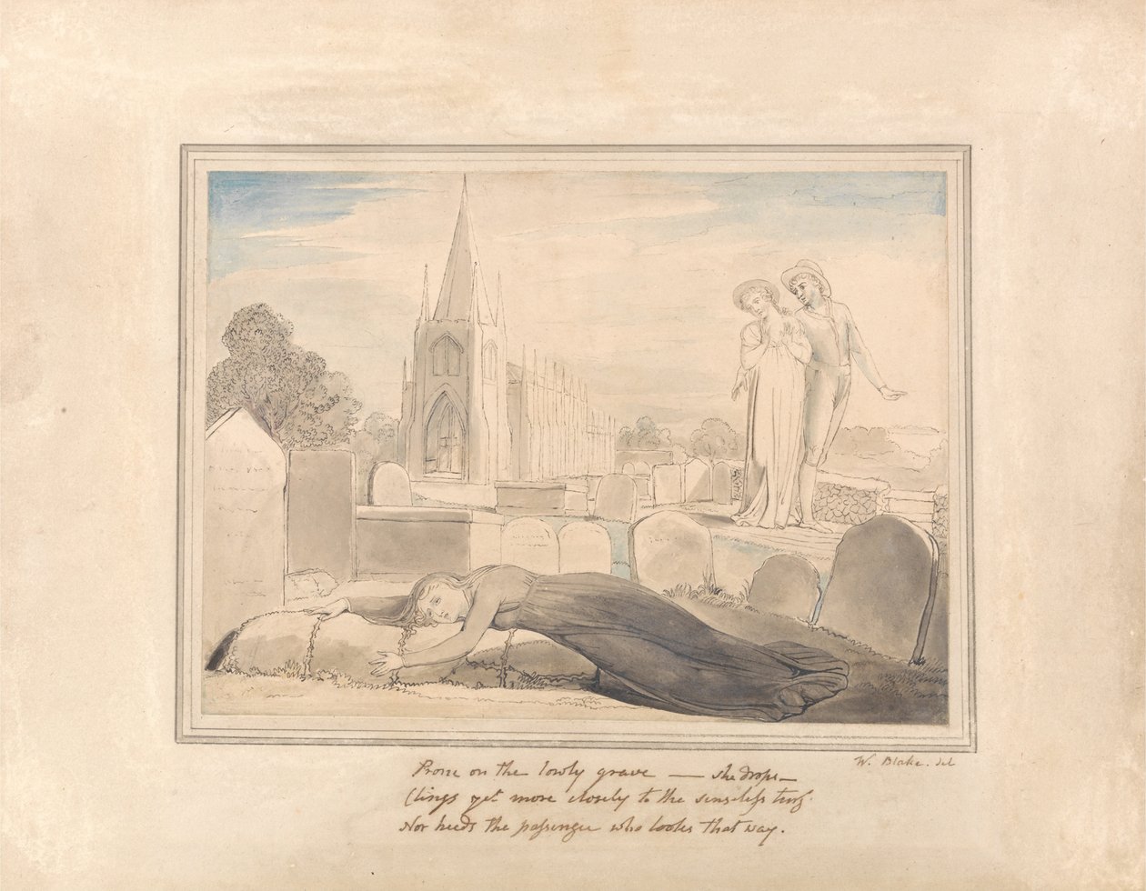 Die Witwe umarmt das Grab ihres Mannes von William Blake