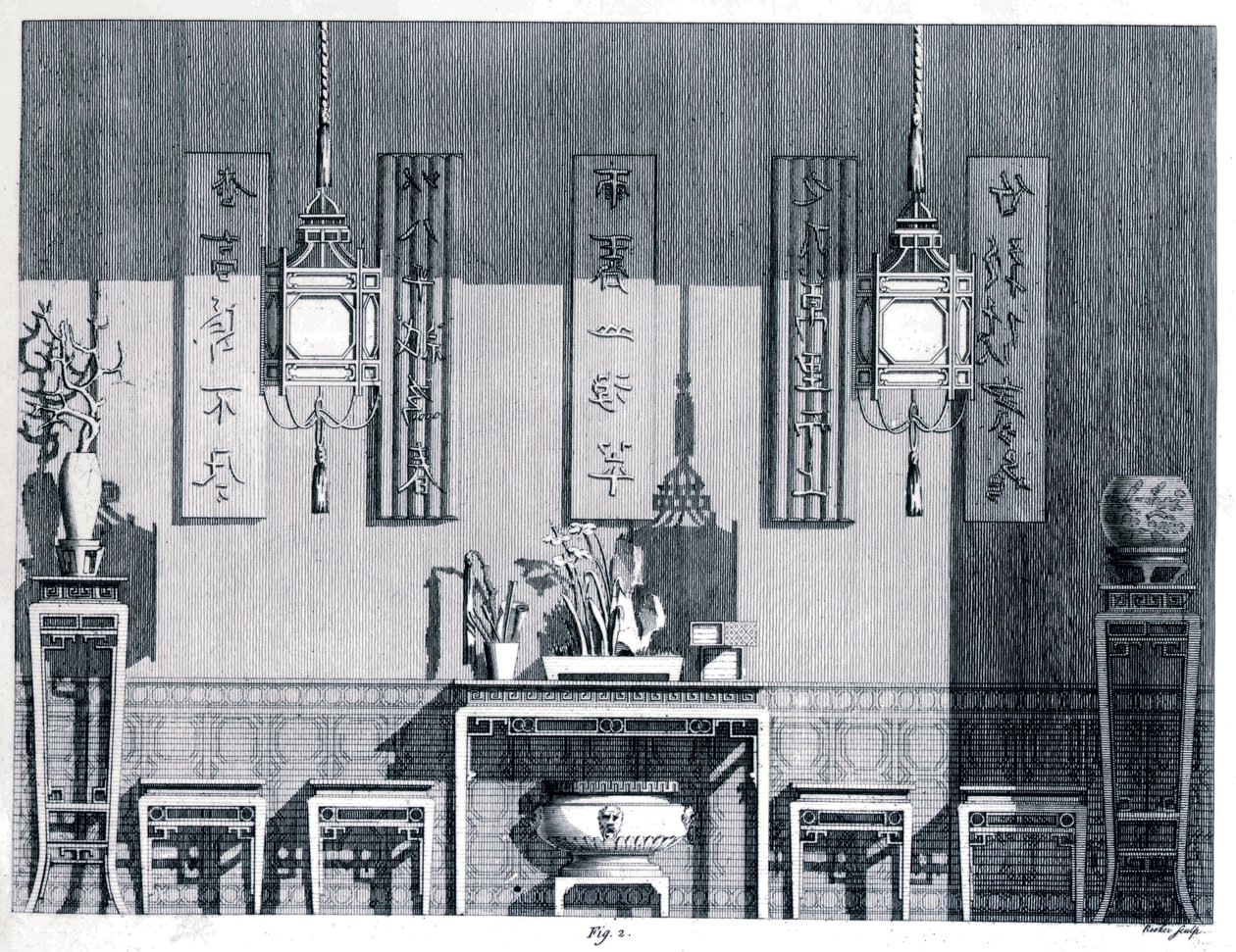 Innenraum, Chambers, Sir William (1723-96) aus Designs of Chinese Buildings, 1759, Schwarz-Weiß-Radierung von William Chambers