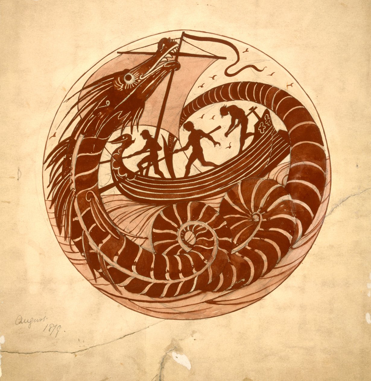 Entwurf für ein Gericht mit einem Seedrachen und Boot von William de Morgan