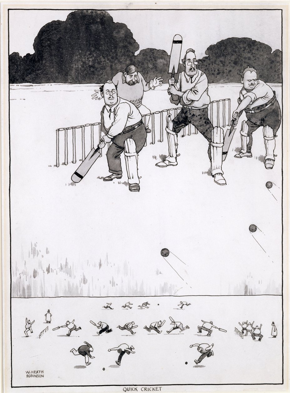 Schnelles Cricket, eine neue Methode, um beiden Seiten eine Chance zu geben, eine Illustration für The Bystander, Mai 1927 von William Heath Robinson