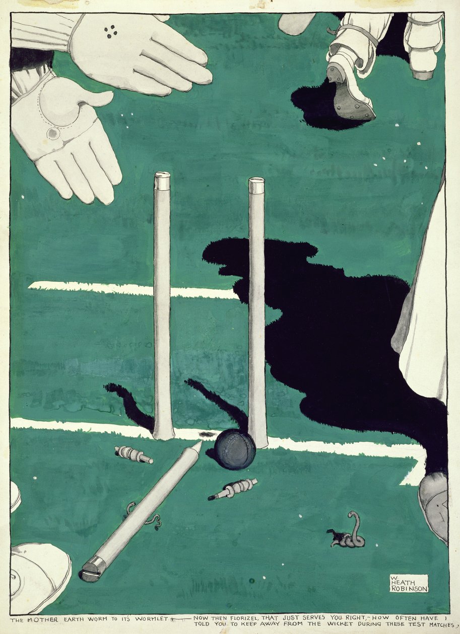 Der Muttererdewurm zu seinem Wurmchen - Nun dann Florizel... wie oft habe ich dir gesagt, dass du während dieser Testspiele vom Tor fernbleiben sollst von William Heath Robinson
