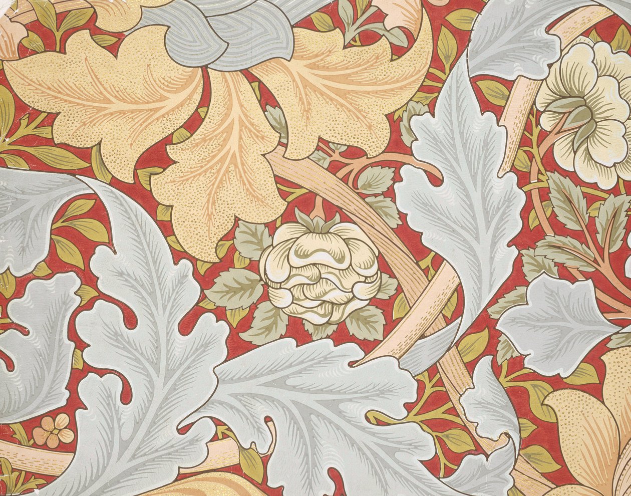 Akanthusblätter, Wildrose auf rotem Hintergrund, 19. Jahrhundert von William Morris
