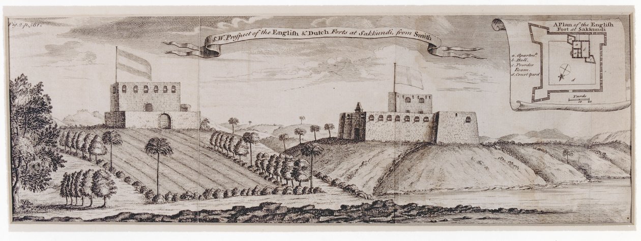 Südwestansicht der englischen und niederländischen Forts in Sakkundi, ca. 1744 von William Smith