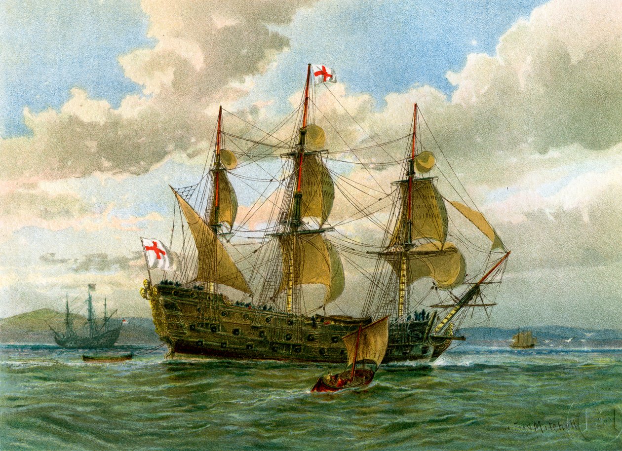 Schlachtschiff der Royal Navy, um 1650, um 1890-1893 von William Frederick Mitchell