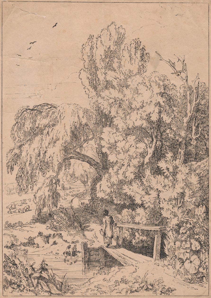 Landschaft mit Bäumen, Mädchen überquert Fußbrücke von William Havell