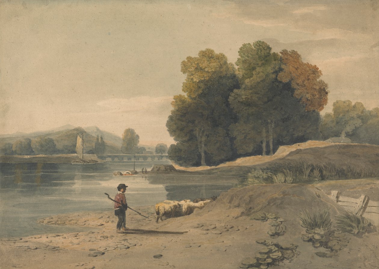 Flusslandschaft mit Junge und Schafen von William Havell