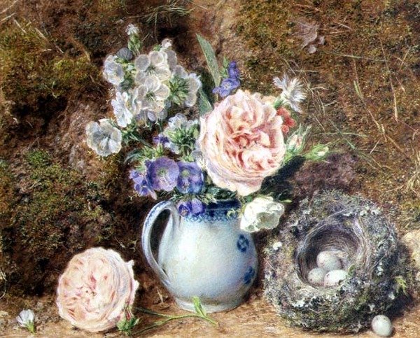 Stillleben mit Blumen und Nest von William Henry Hunt