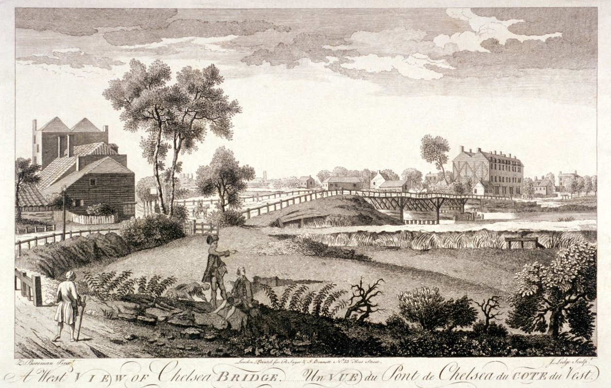 Westansicht der Chelsea Bridge, London, ca. 1760 von William Lodge