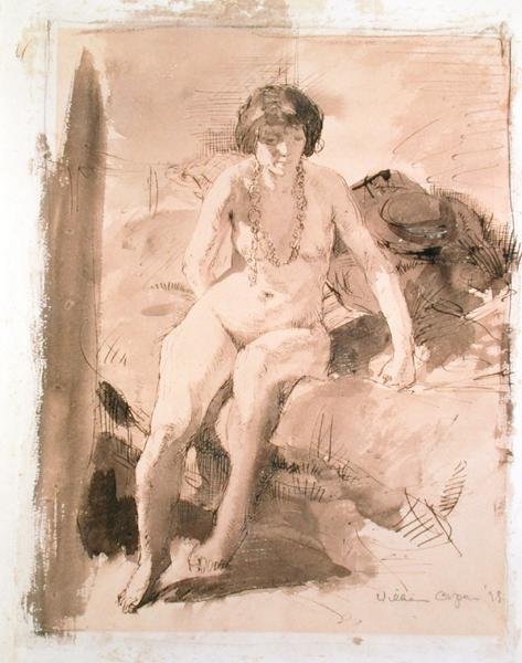 Ein nacktes Mädchen, das auf einem Bett sitzt von William Orpen